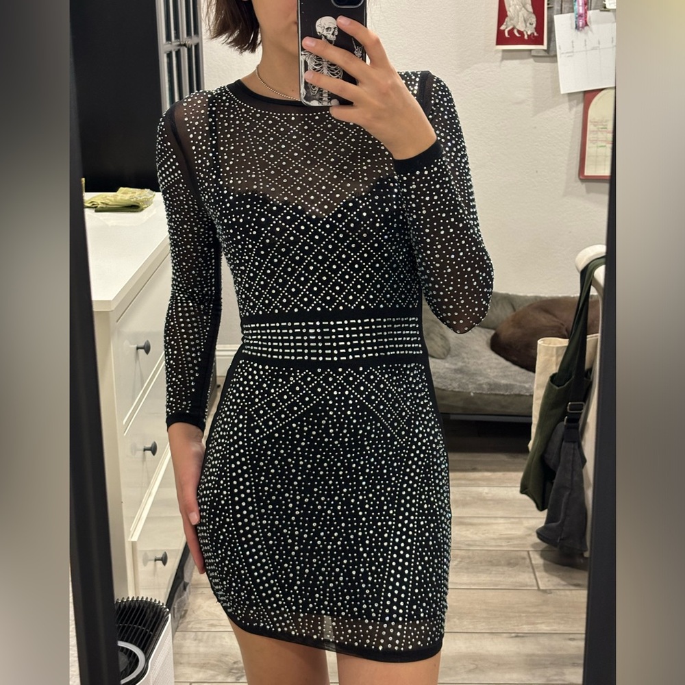 Windsor Black Silver Sparkly Long Sleeve Bodycon Dress